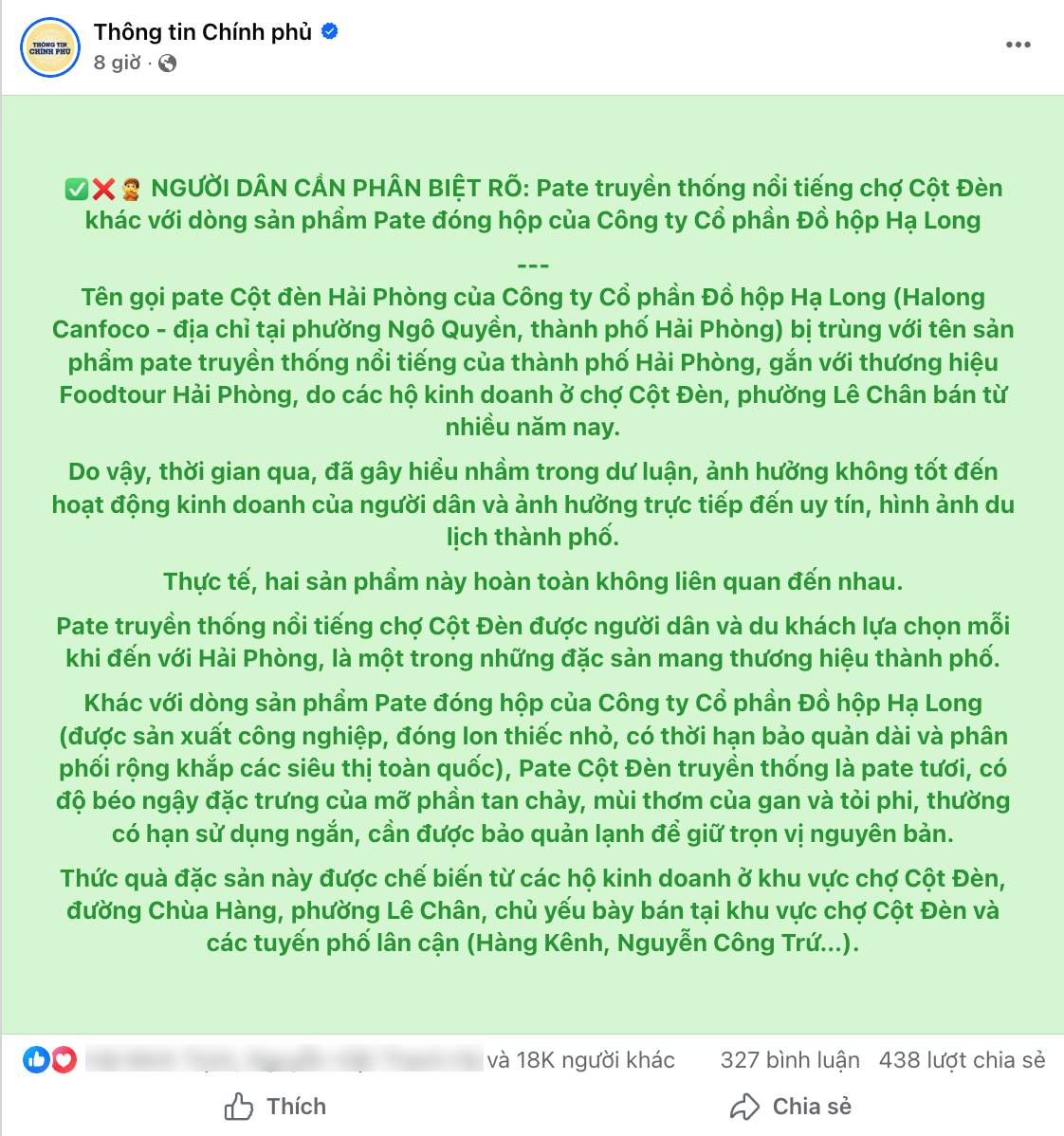 Trang Thông tin Chính phủ đưa khuyến cáo quan trọng về pate Cột Đèn