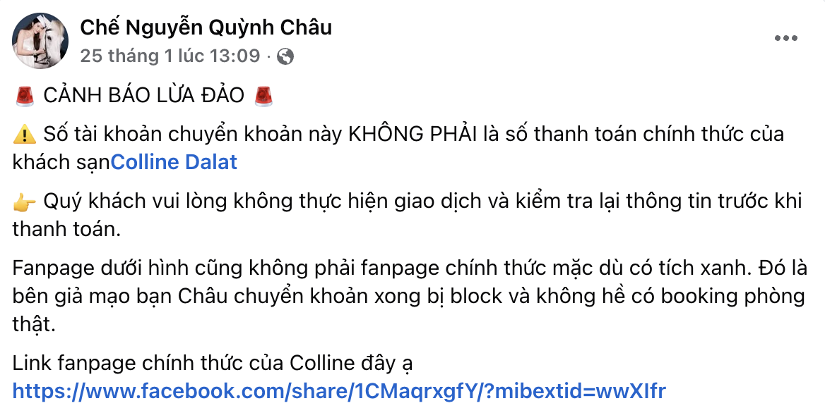 Vợ Á hậu của chủ tịch khách sạn Colline Dalat cảnh báo nóng, khách cẩn thận kẻo mất tiền oan