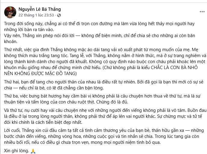 Bá Thắng lên tiếng về 4 điều bị bàn tán trong đám tang cha, diễn viên Hòa Hiệp cũng đăng status nói rõ