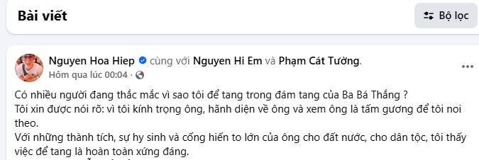 Bá Thắng lên tiếng về 4 điều bị bàn tán trong đám tang cha, diễn viên Hòa Hiệp cũng đăng status nói rõ