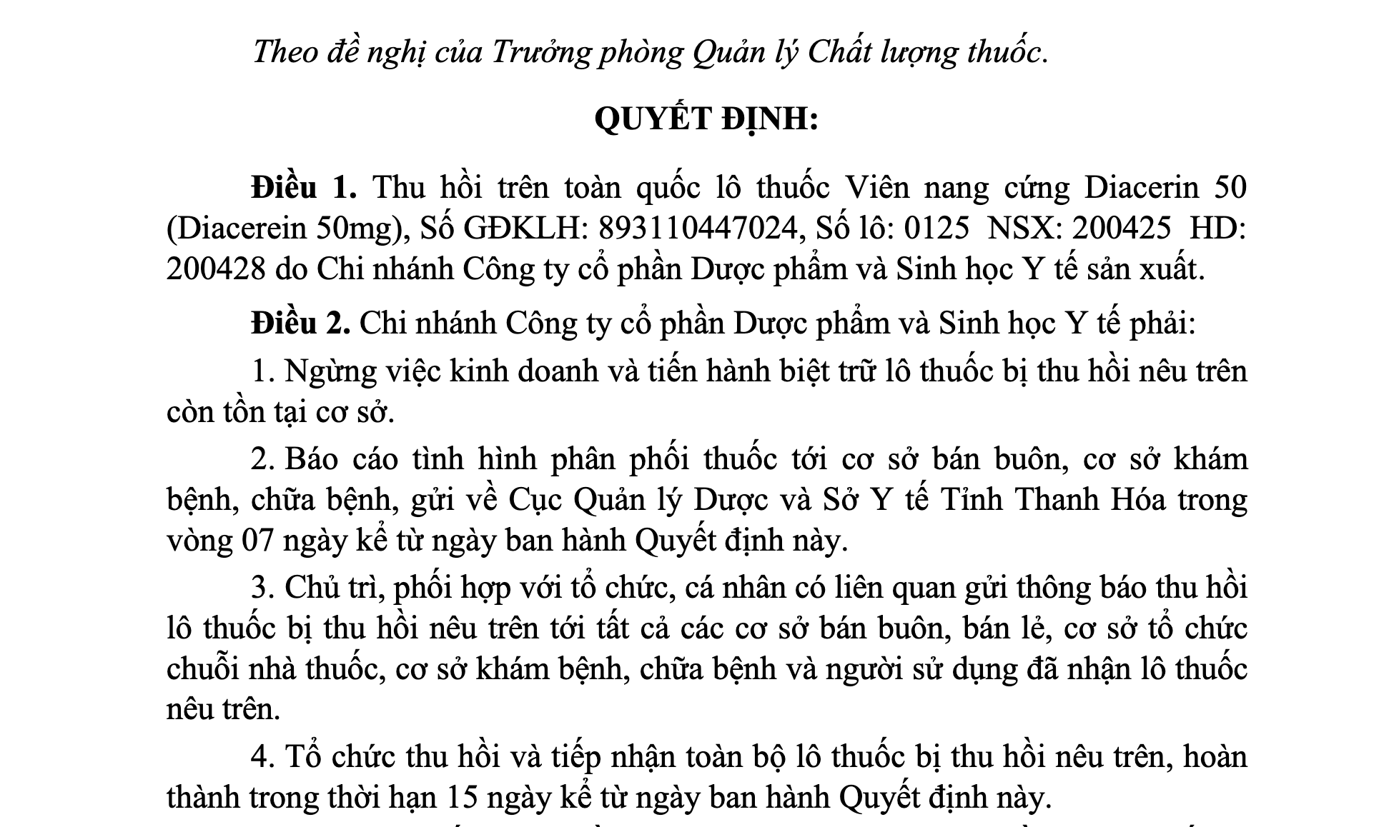 Thu hồi toàn quốc lô thuốc Diacerin 50 do vi phạm chất lượng Thu hồi toàn quốc lô thuốc Diacerin 50 do vi phạm chất lượng